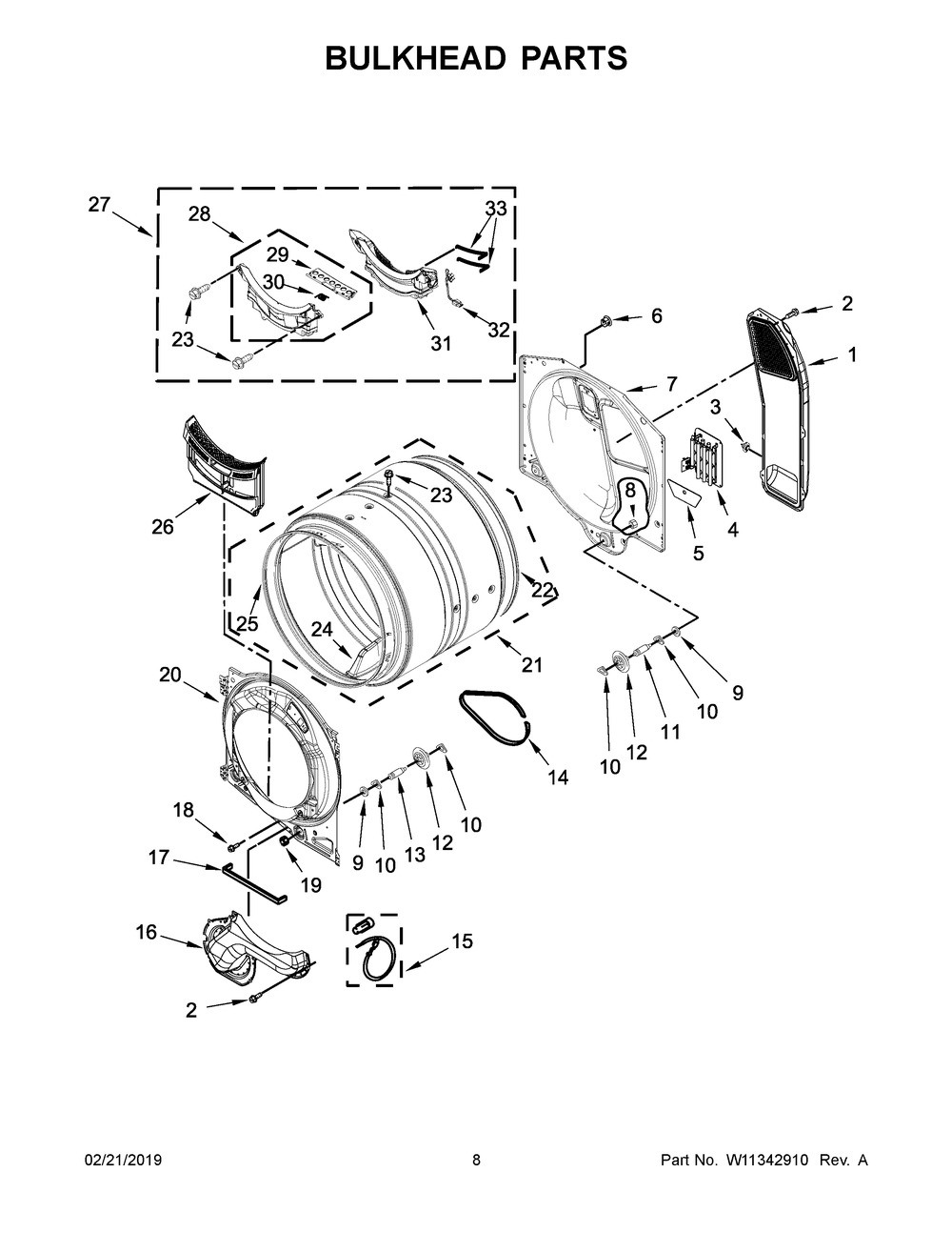 Bulkhead Parts Diagram and Parts List for YWHD560CHW0  Whirlpool Dryer
