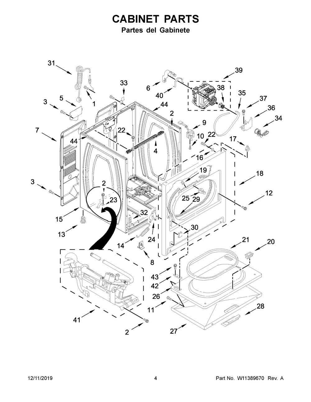 Cabinet Parts Diagram and Parts List for 7MWGD1930JM0  Whirlpool Dryer