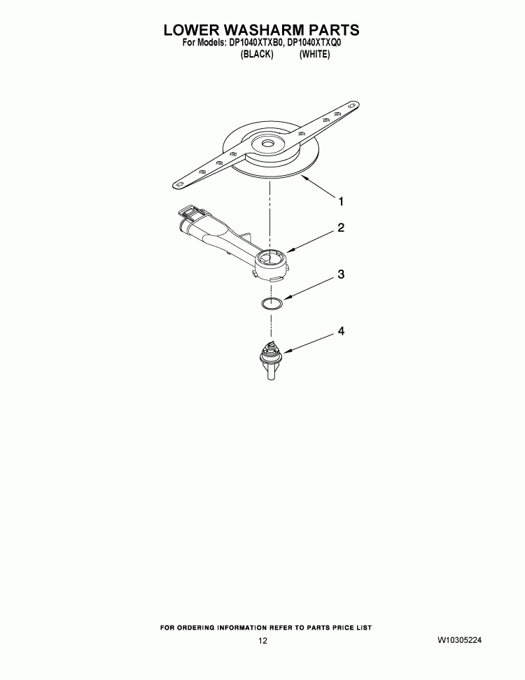 LOWER WASHARM PARTS Diagram and Parts List for DP1040XTXB0  Whirlpool Dishwasher
