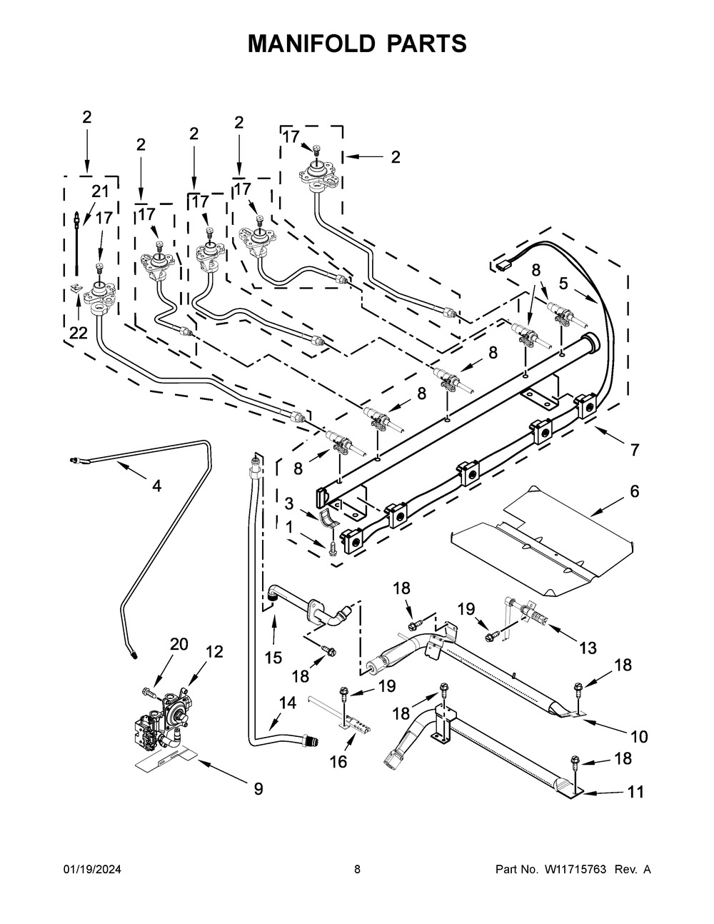 Manifold Parts Diagram and Parts List for KFGG500EWH8  KitchenAid Range