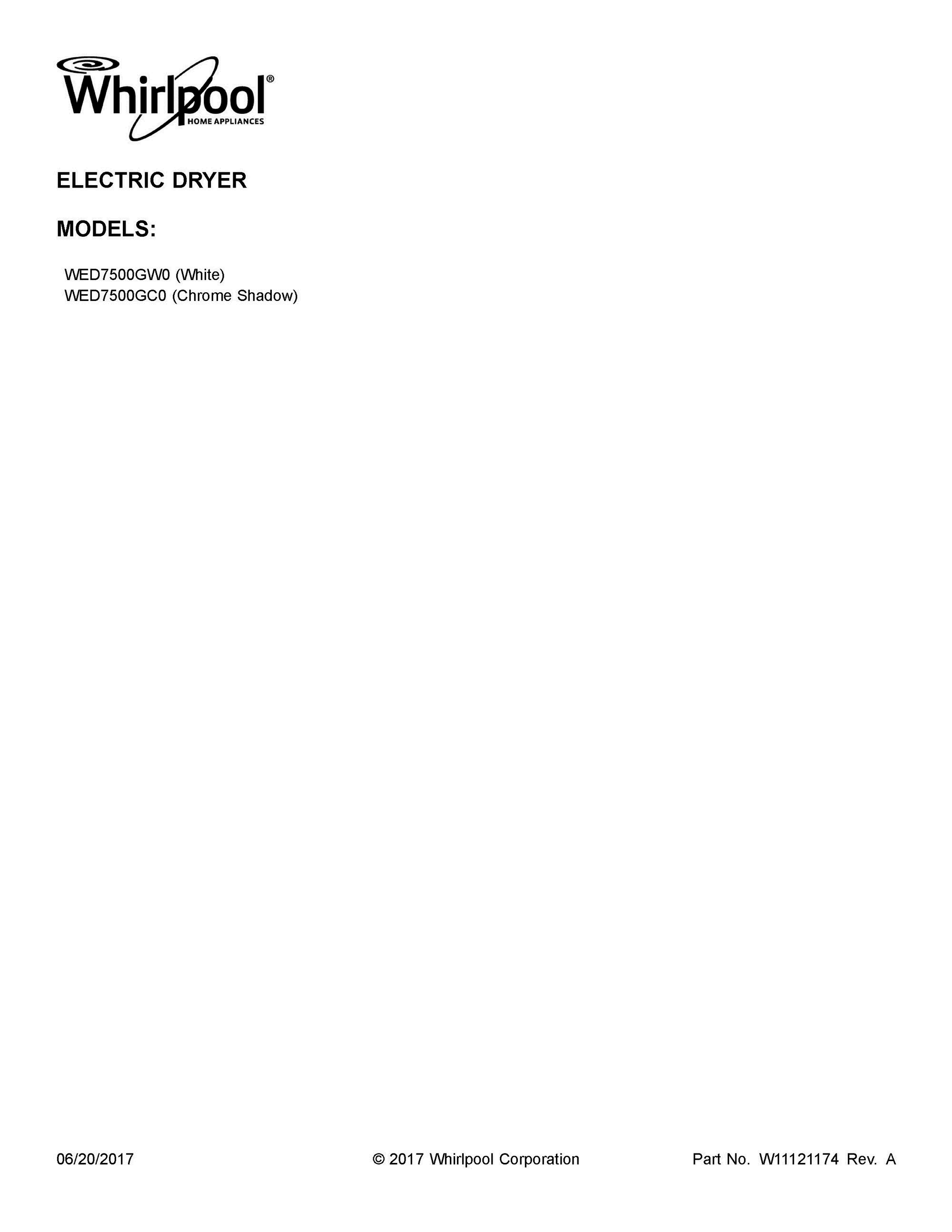 01 - COVER SHEET Diagram and Parts List for WED7500GC0  Whirlpool Dryer