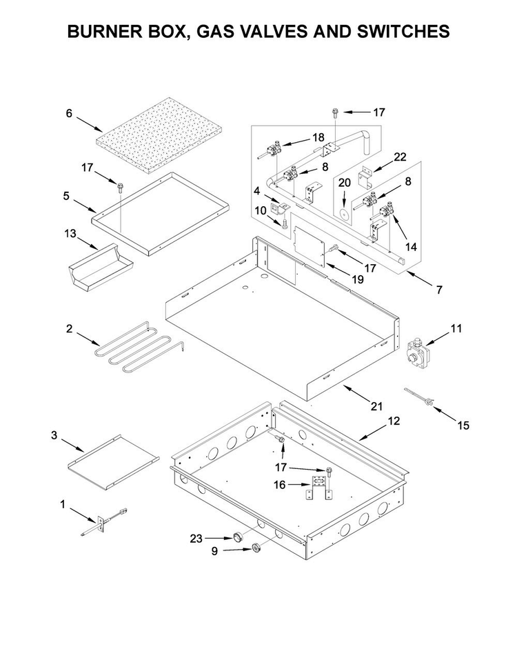 Burner Box, Gas Valves And Switches Diagram and Parts List for KGCU463VSS02  KitchenAid Cooktop