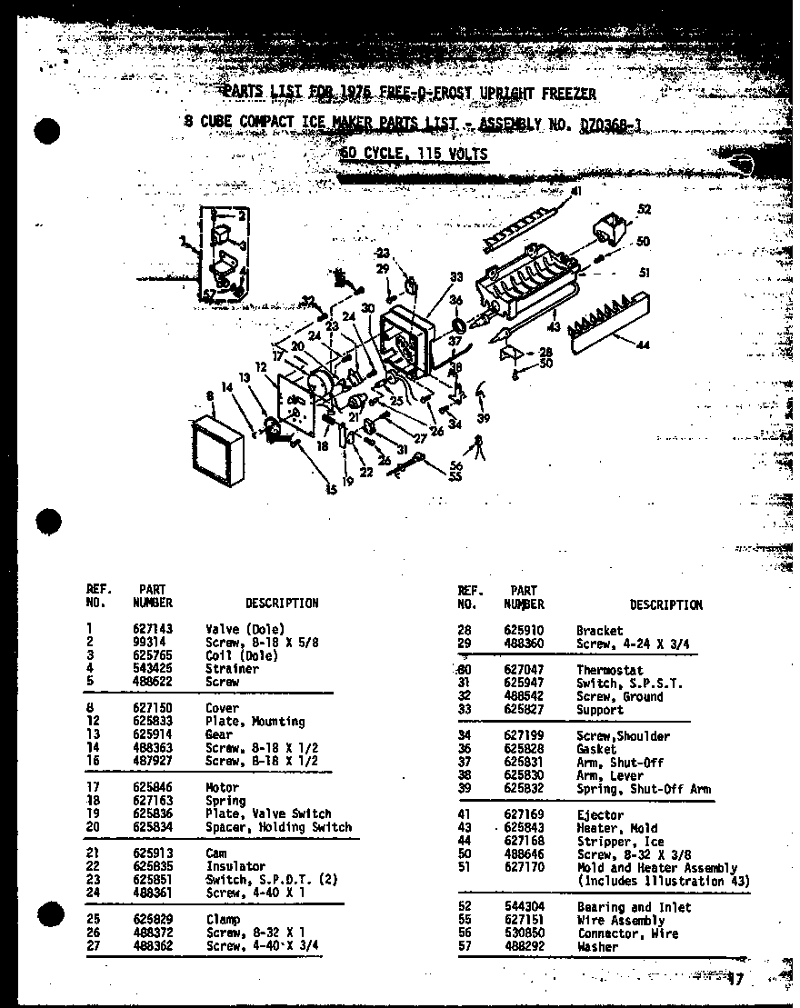 01 - 8 Cube Compact Ice Maker Diagram and Parts List for UF22W  Whirlpool Freezer