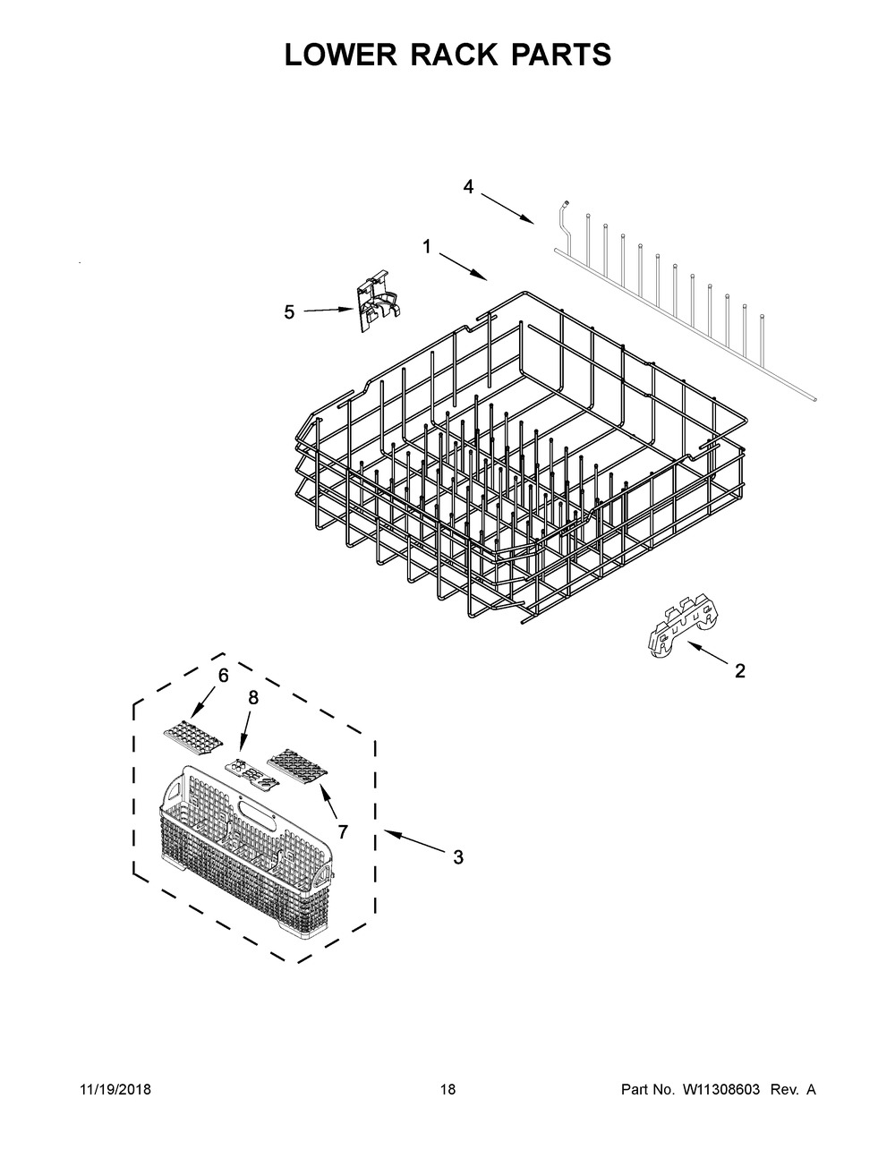 Lower Rack Parts Diagram and Parts List for BLB14FRANA0  Whirlpool Dishwasher