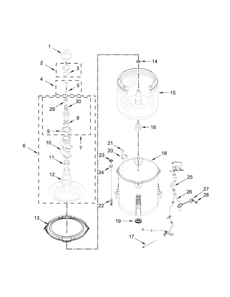 Basket And Tub Parts Diagram and Parts List for 11022532510  Kenmore Washer