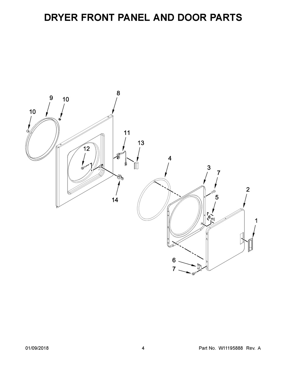 Dryer Front Panel And Door Parts Diagram and Parts List for WET4024HW0  Whirlpool Washer Dryer Combo