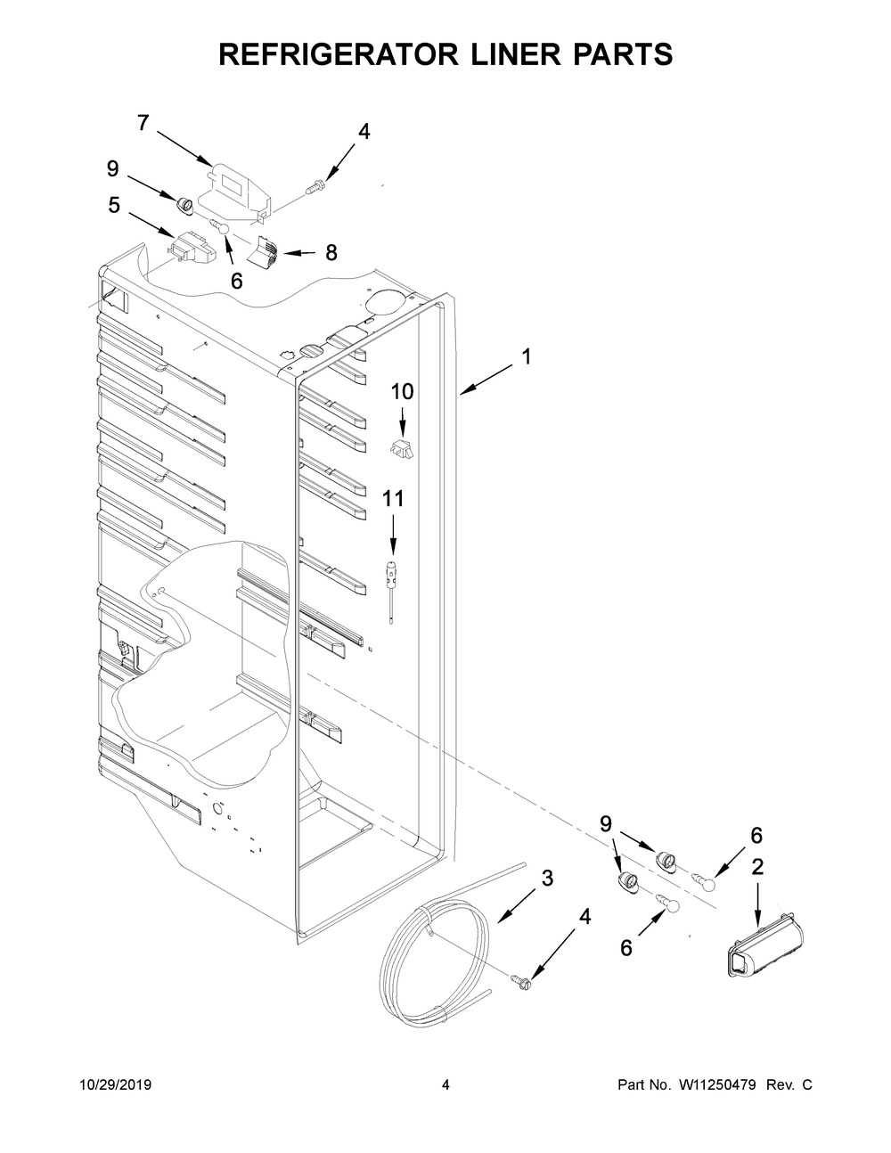 Refrigerator Liner Parts Diagram and Parts List for WRS321SDHV01  Whirlpool Refrigerator