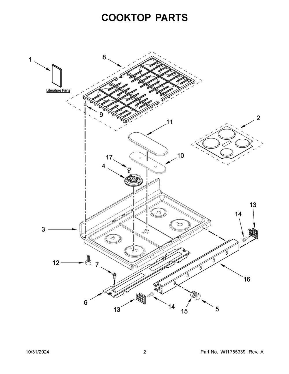 02 - Cooktop Parts Diagram and Parts List for KFGD500ESS12  Whirlpool Range
