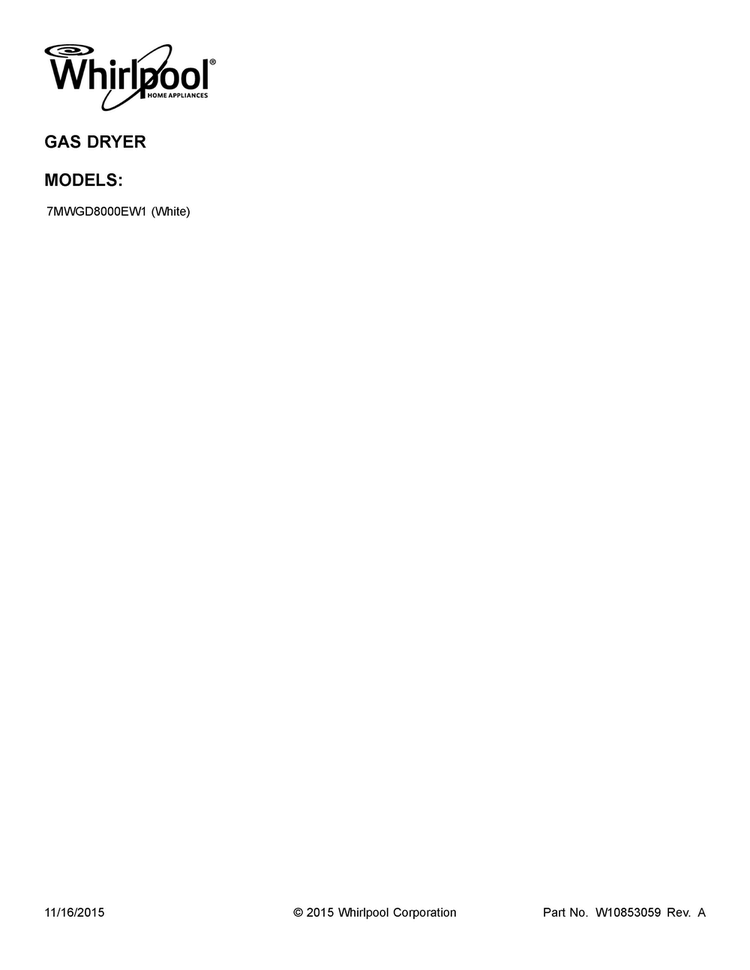 Cover Sheet Diagram and Parts List for 7MWGD8000EW1  Whirlpool Dryer