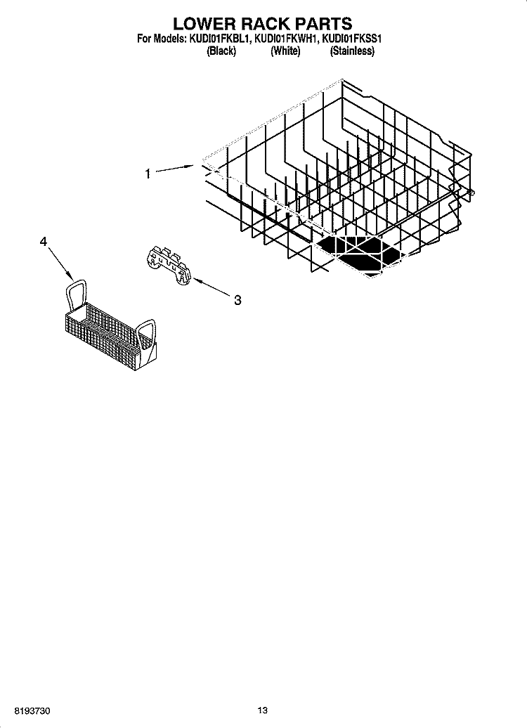 LOWER RACK PARTS Diagram and Parts List for KUDI01FKWH1  KitchenAid Dishwasher