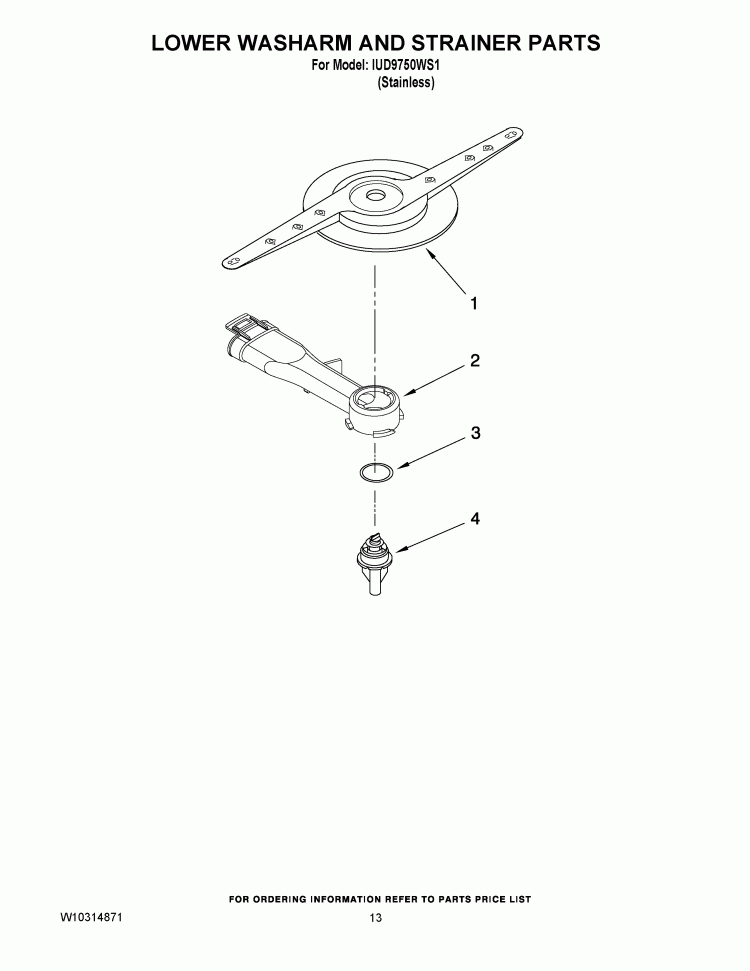 LOWER WASHARM AND STRAINER PARTS Diagram and Parts List for IUD9750WS1  Whirlpool Dishwasher