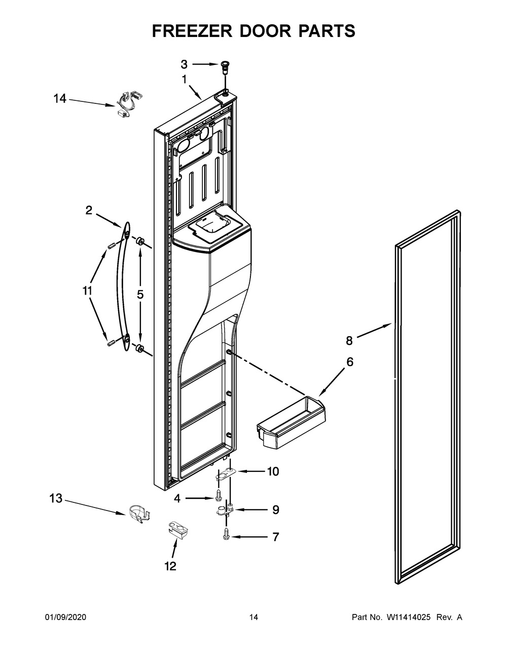 Freezer Door Parts Diagram and Parts List for WRS973CIHZ00  Whirlpool Refrigerator