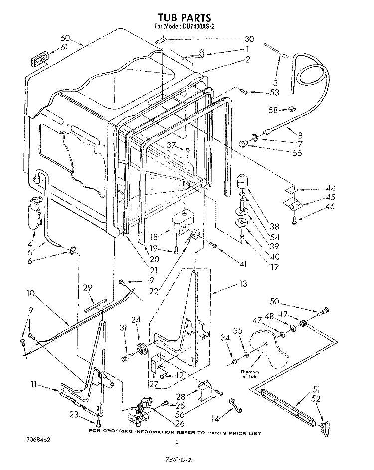TUB , LIT/OPTIONAL Diagram and Parts List for DU7400XS2  Whirlpool Dishwasher