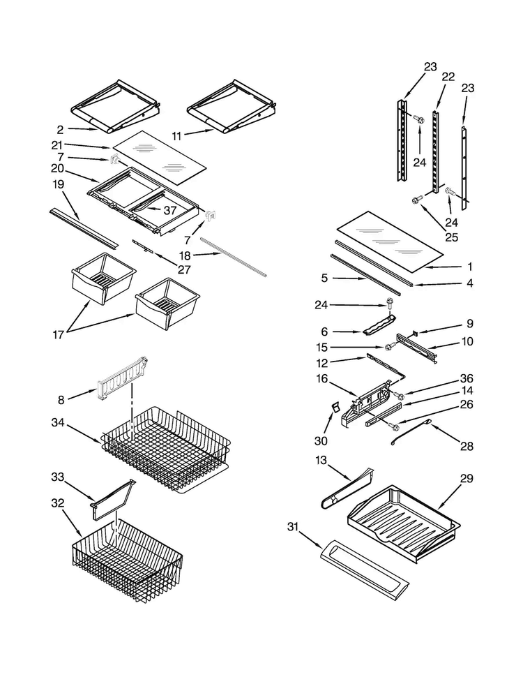 Shelf Parts Diagram and Parts List for KBFS25EVBL0  KitchenAid Refrigerator