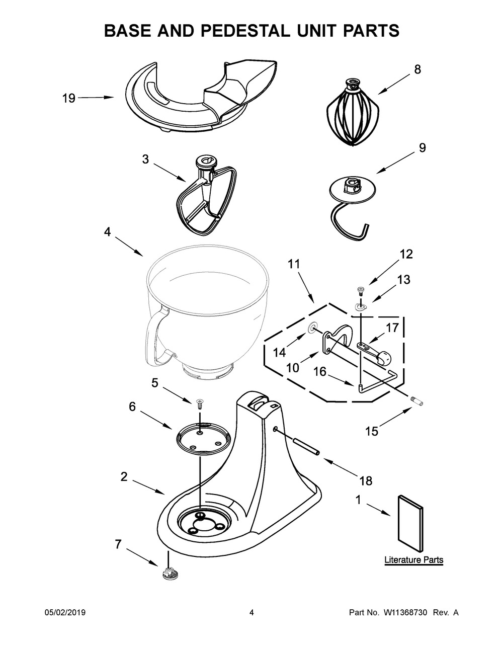 Base And Pedestal Unit Parts Diagram and Parts List for 9KSM180QHSD0  Whirlpool Mixer