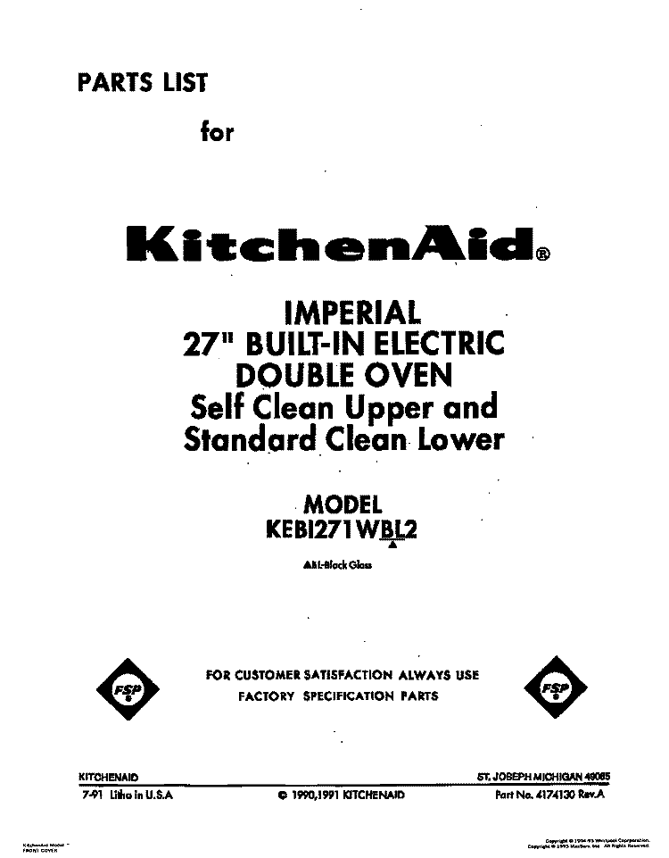 COVER Diagram and Parts List for KEBI271WBL2  KitchenAid Wall Oven