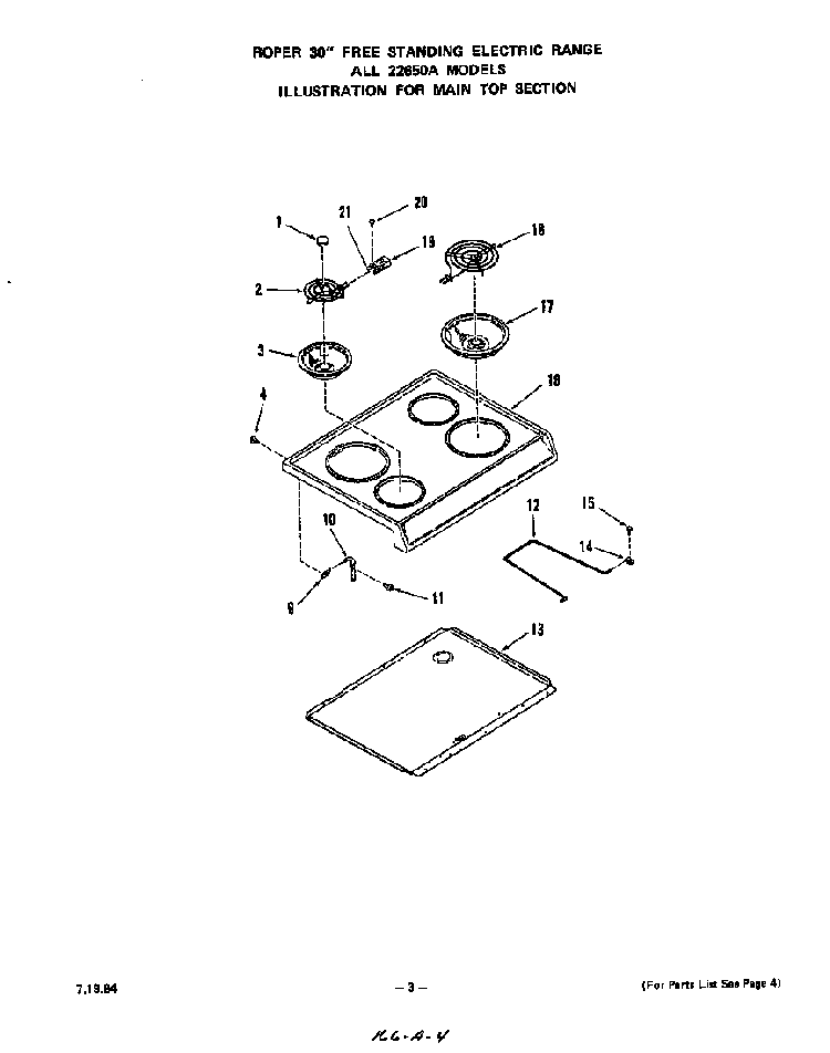 Main Top Diagram and Parts List for 2265*0A  Roper Range