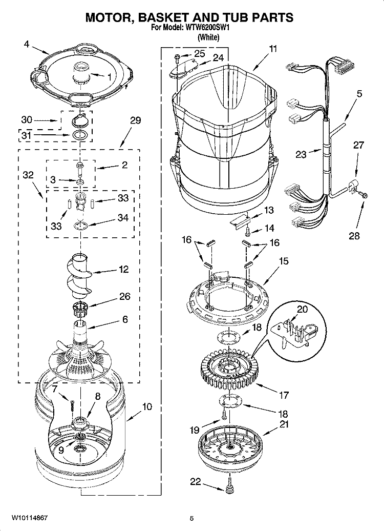 MOTOR, BASKET AND TUB PARTS Diagram and Parts List for WTW6200SW1  Whirlpool Washer