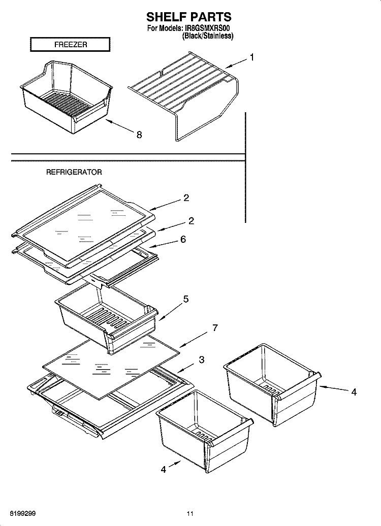 SHELF PARTS, OPTIONAL PARTS Diagram and Parts List for IR8GSMXRS00  Whirlpool Refrigerator