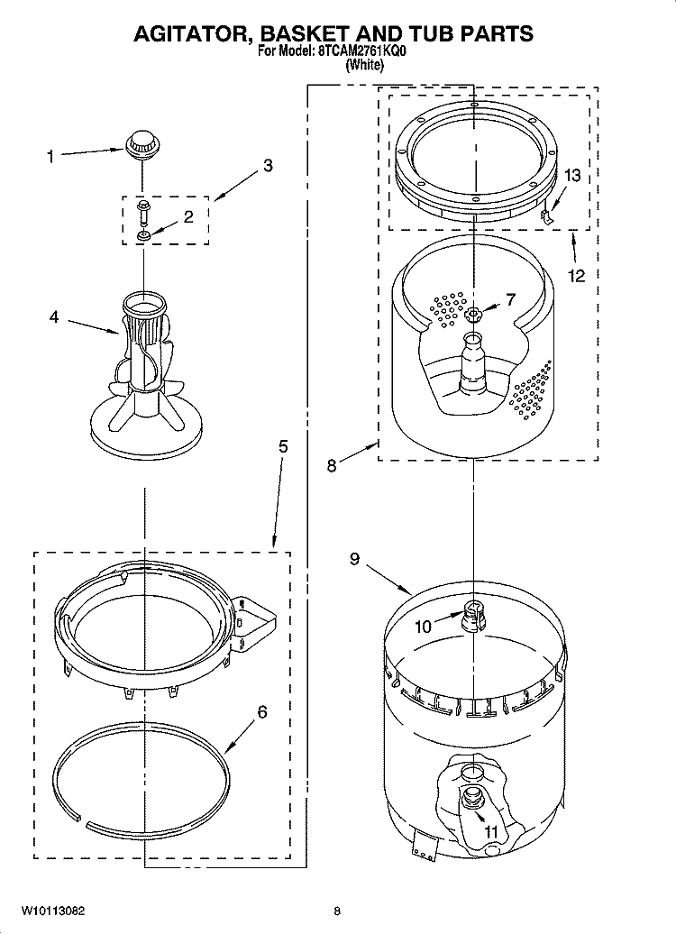 AGITATOR, BASKET AND TUB PARTS Diagram and Parts List for 8TCAM2761KQ0  Whirlpool Washer