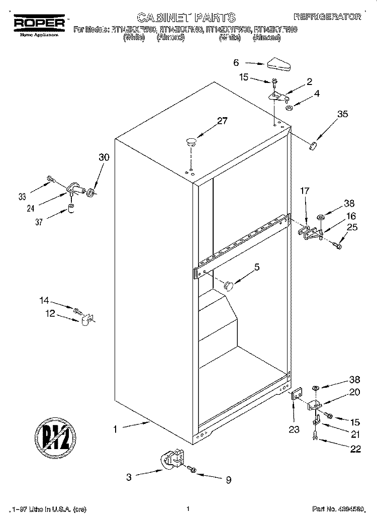 CABINET Diagram and Parts List for RT14ZKXFW00  Roper Refrigerator