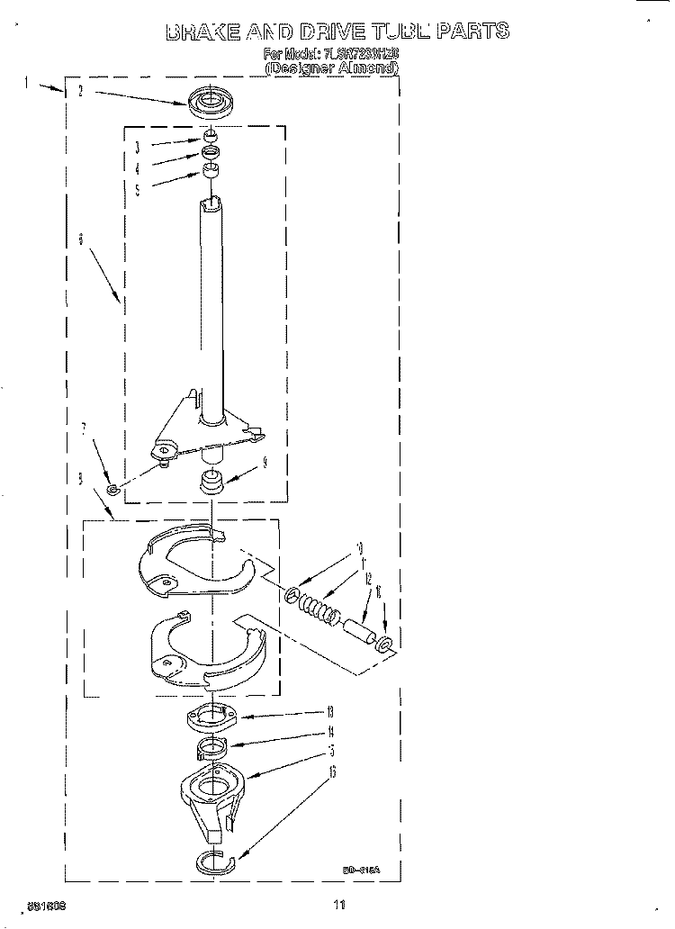 BRAKE AND DRIVE TUBE Diagram and Parts List for 7LSR7233HZ0  Whirlpool Washer