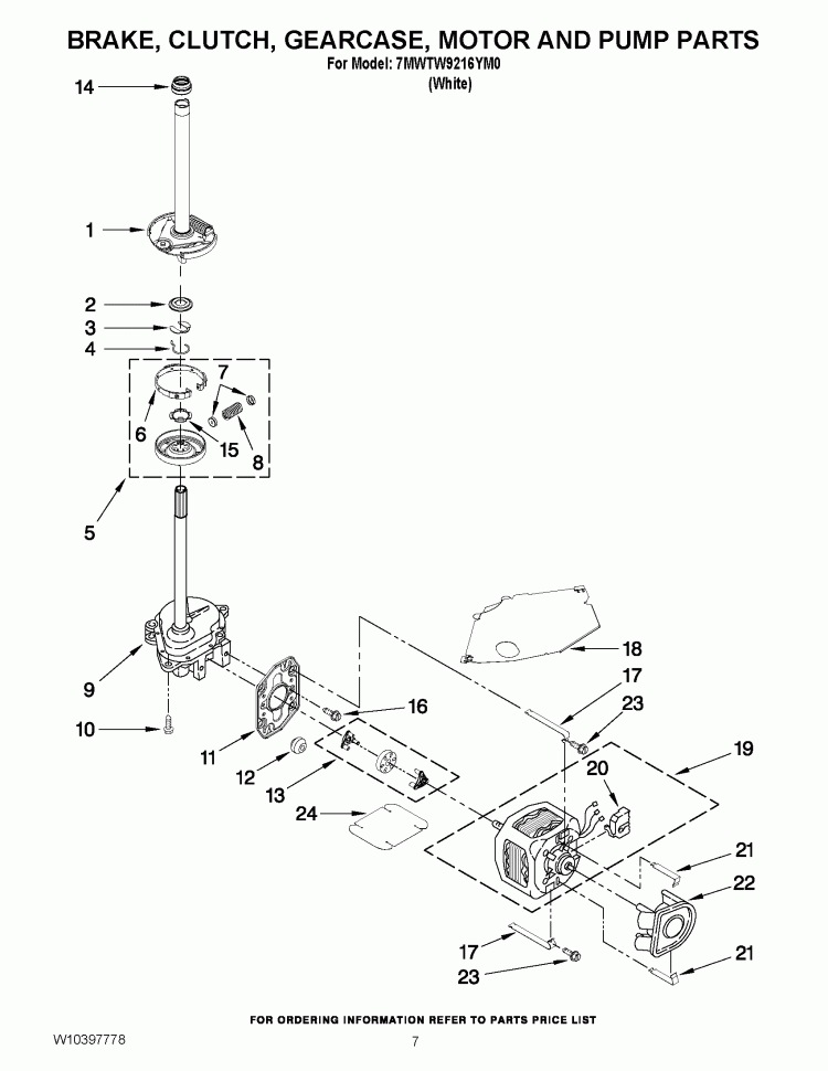 BRAKE, CLUTCH, GEARCASE, MOTOR AND PUMP PARTS Diagram and Parts List for 7MWTW9216YM0  Whirlpool Washer