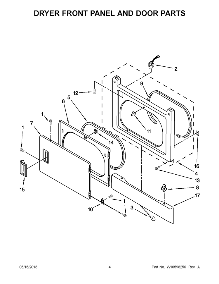 DRYER FRONT PANEL AND DOOR PARTS Diagram and Parts List for WGT3300XQ2  Whirlpool Washer Dryer Combo