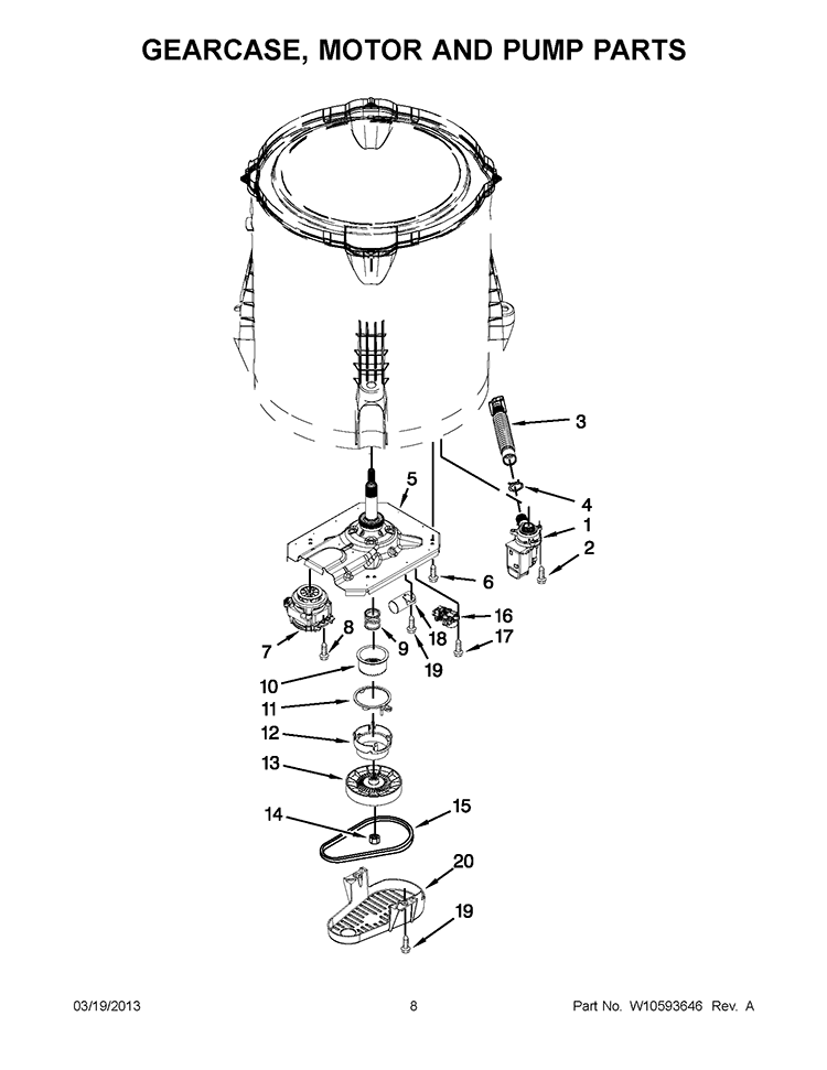 GEARCASE, MOTOR AND PUMP PARTS Diagram and Parts List for 7MWTW1725BM0  Whirlpool Washer