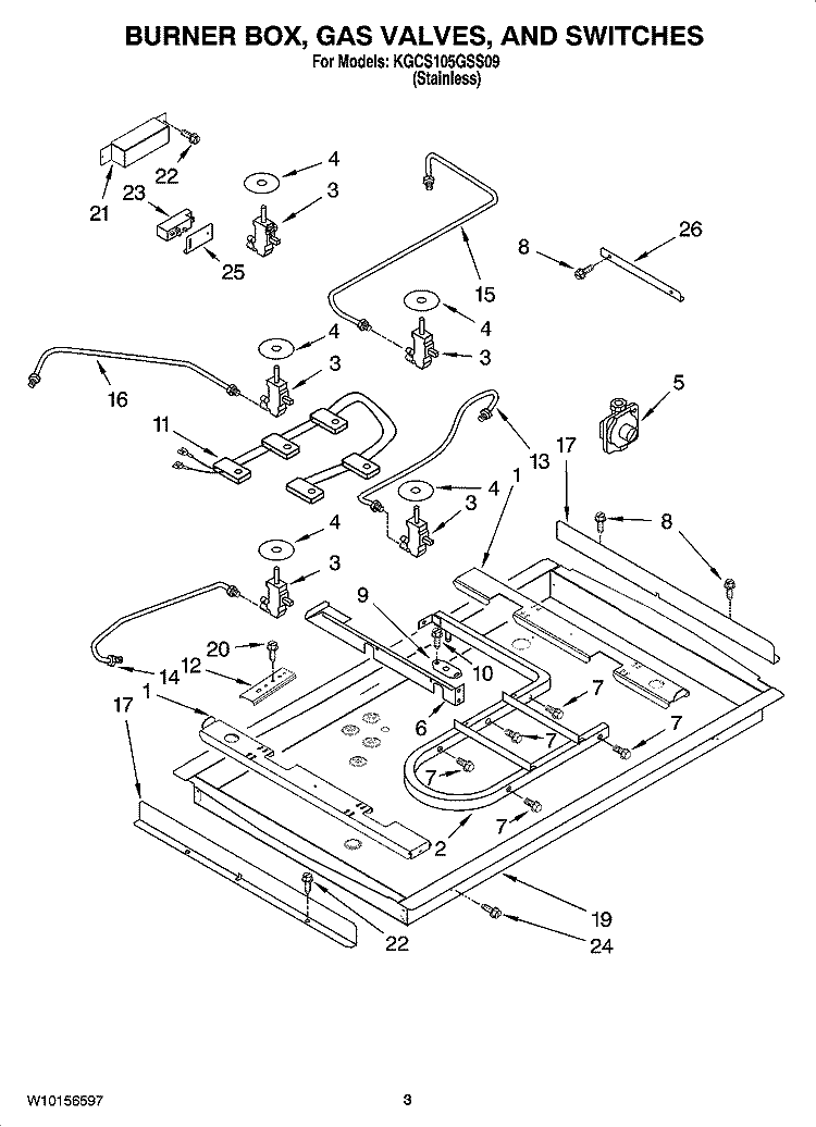 BURNER BOX, GAS VALVES, AND SWITCHES, OPTIONAL PARTS Diagram and Parts List for KGCS105GSS09  KitchenAid Cooktop