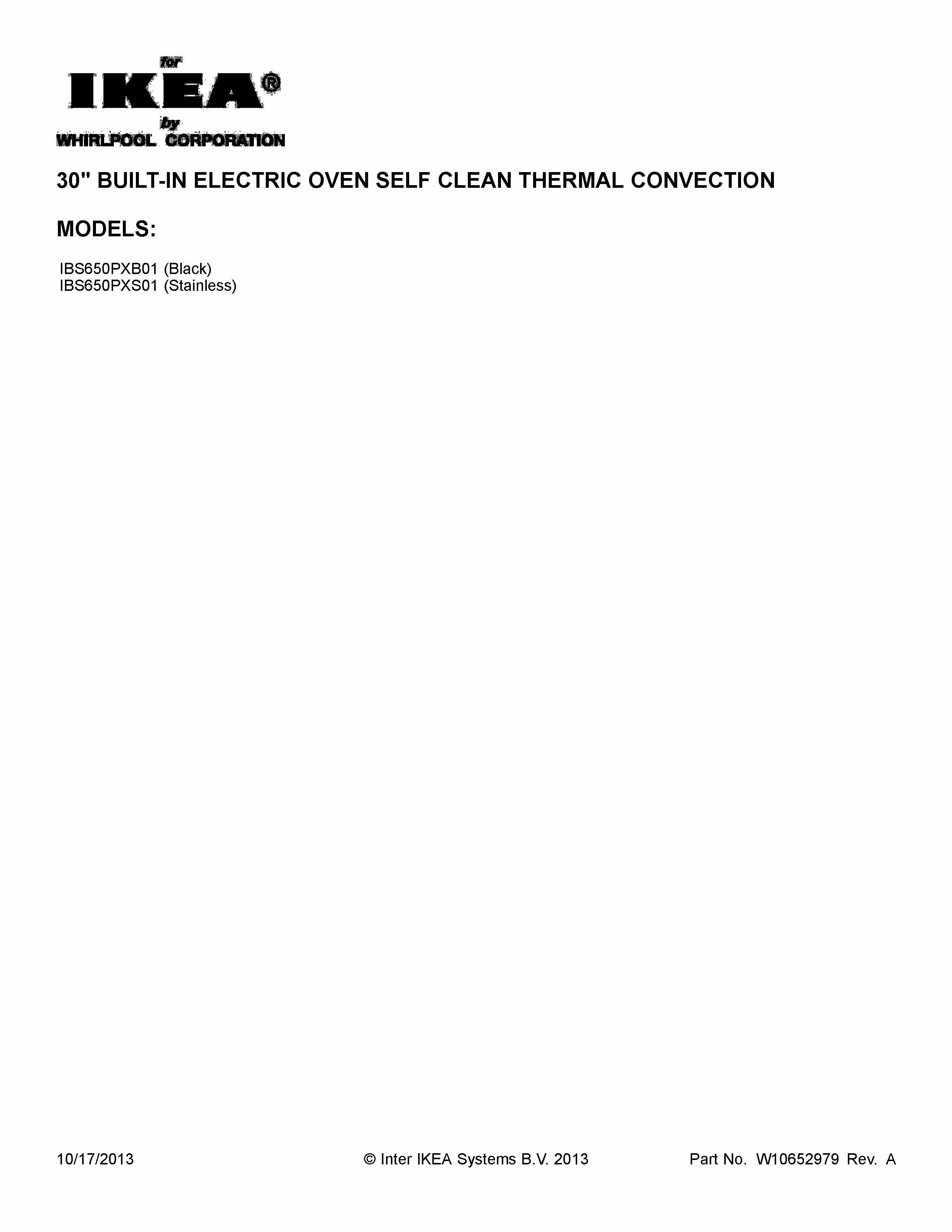 Cover Sheet Diagram and Parts List for IBS650PXB01  Whirlpool Wall Oven