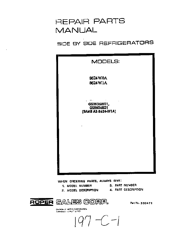 Front Cover Diagram and Parts List for 8624*1A  Roper Refrigerator