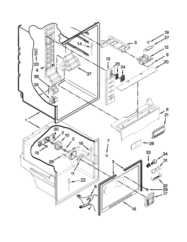 Liner Parts Diagram and Parts List for WRF560SMYH04  Whirlpool Refrigerator