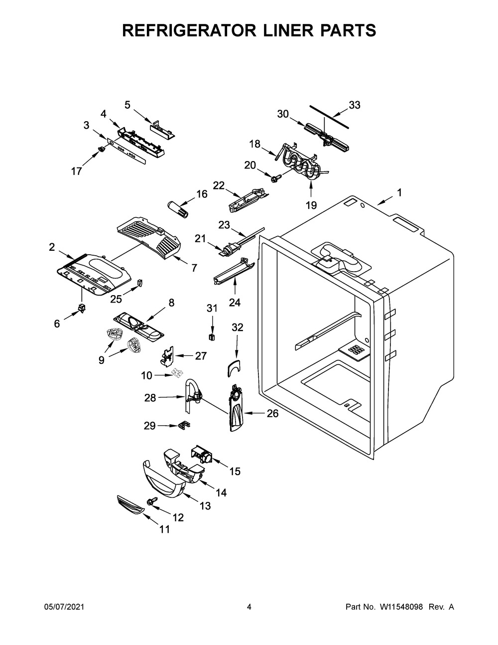 Refrigerator Liner Parts Diagram and Parts List for WRF535SWHV05  Whirlpool Refrigerator