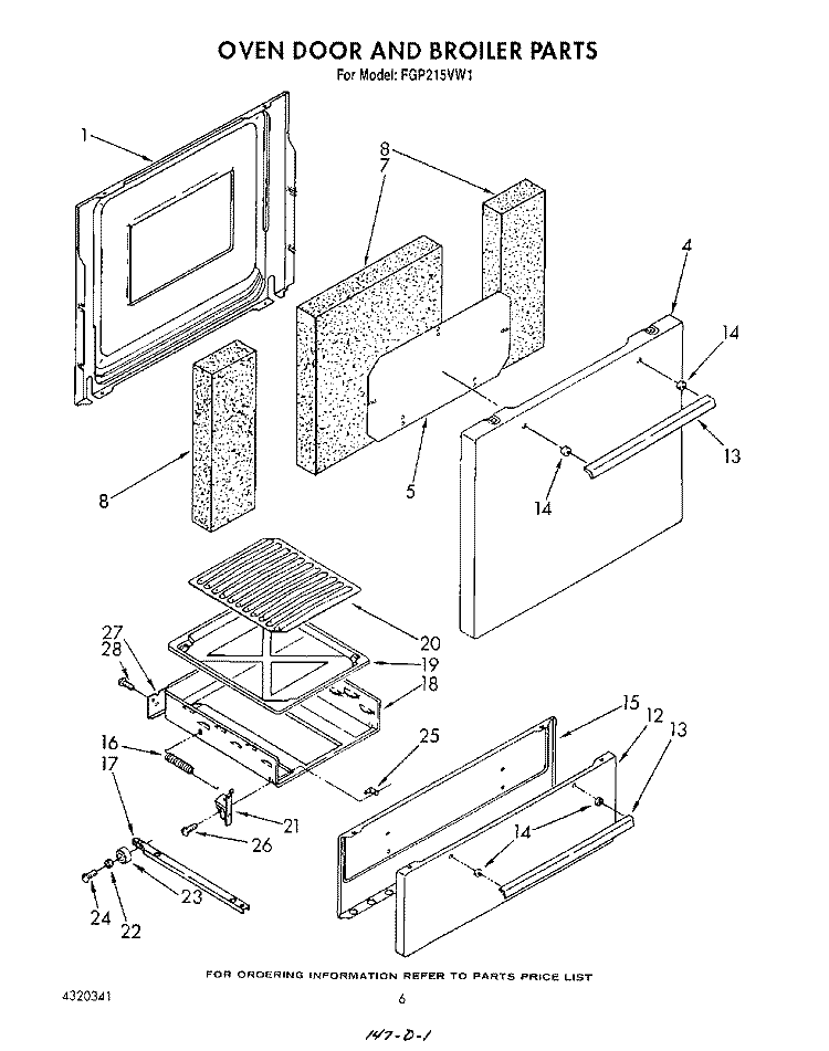 OVEN DOOR AND BROILER Diagram and Parts List for FGP215VW1  Roper Range