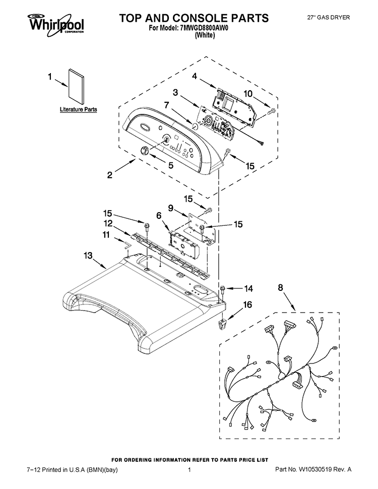 TOP AND CONSOLE PARTS Diagram and Parts List for 7MWGD8800AW0  Whirlpool Dryer