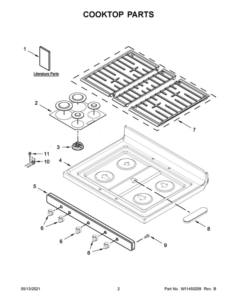 Cooktop Parts Diagram and Parts List for WFG550S0HZ2  Whirlpool Range