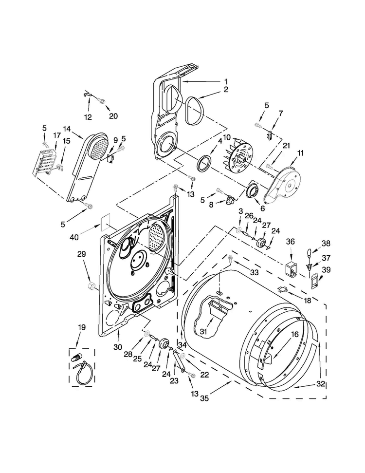 Bulkhead Parts Diagram and Parts List for 3DWED4800YQ1  Whirlpool Dryer