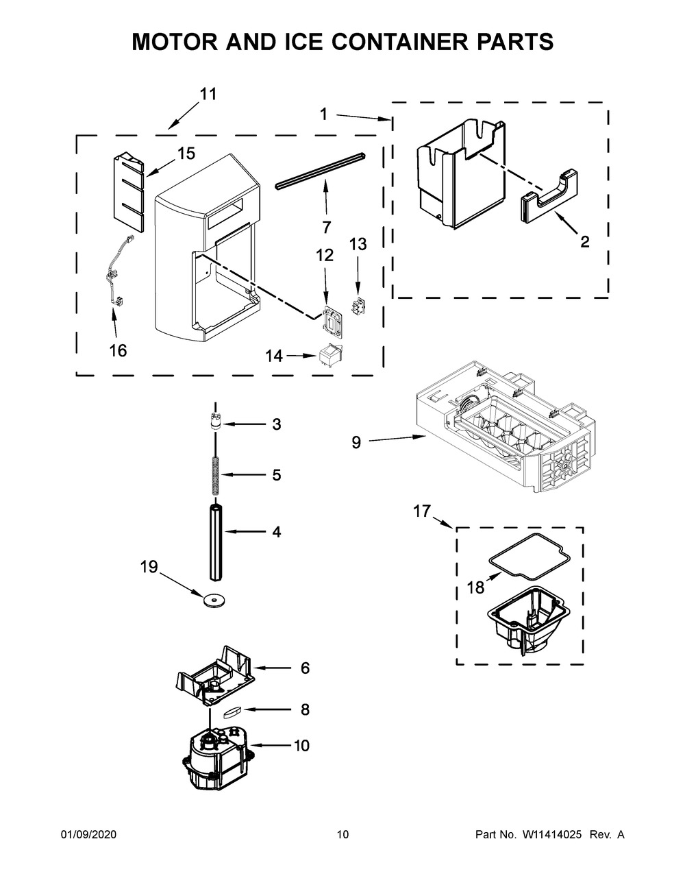 Motor And Ice Container Parts Diagram and Parts List for WRS973CIHZ00  Whirlpool Refrigerator