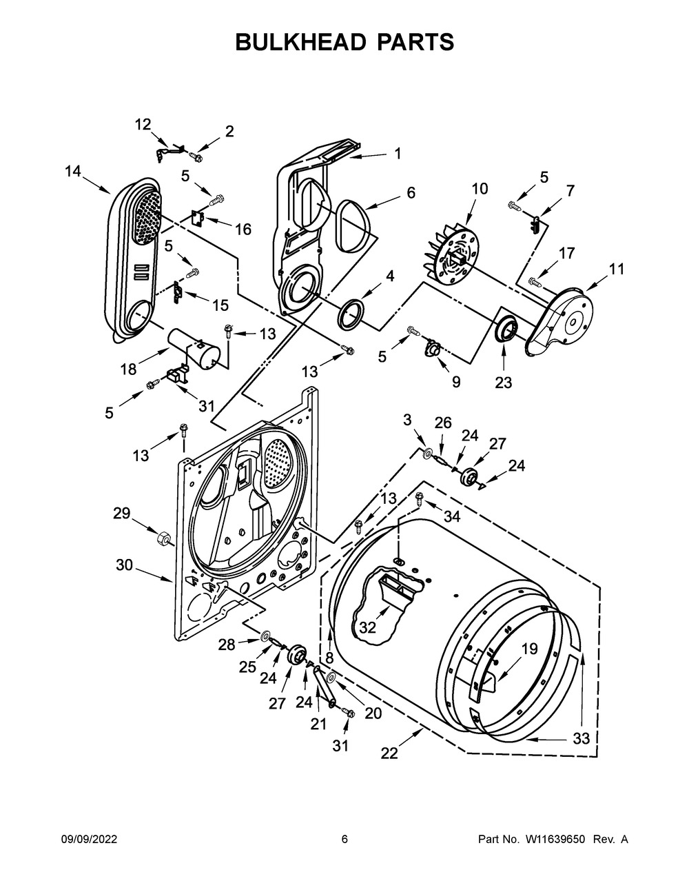 Bulkhead Parts Diagram and Parts List for WGD4815EW4  Whirlpool Dryer