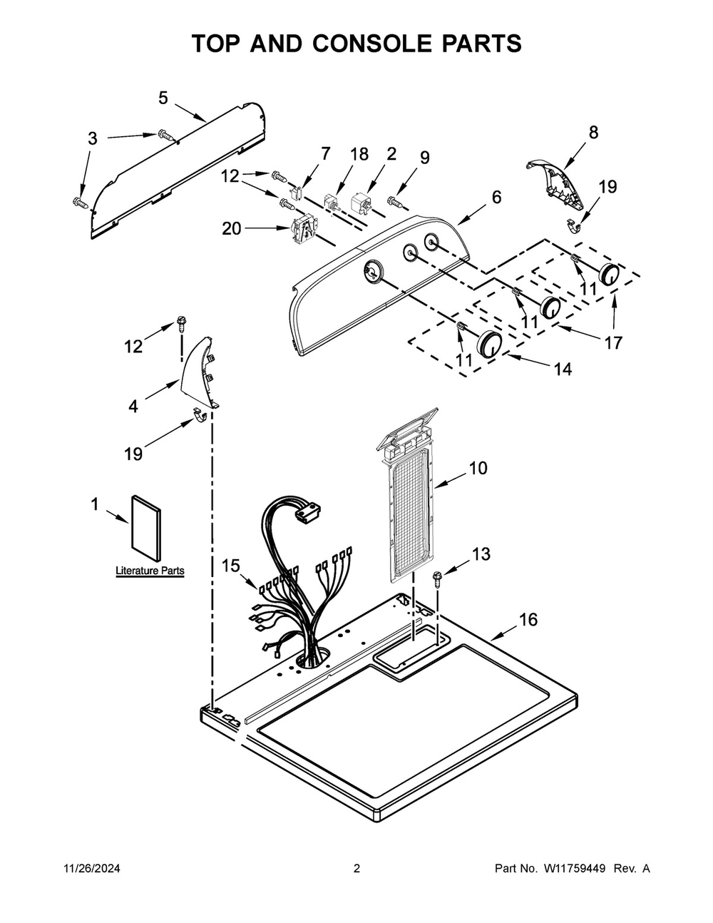 02 - Top And Console Parts Diagram and Parts List for CDGW7110RW0  Whirlpool Dryer