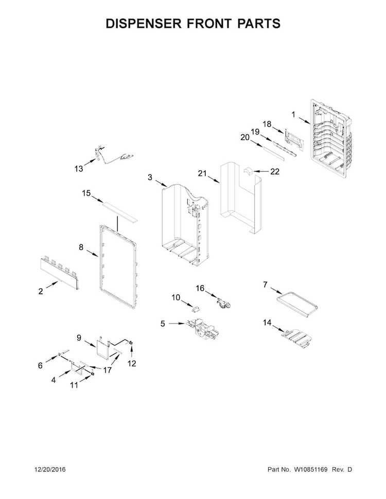 Dispenser Front Parts Diagram and Parts List for WRF992FIFH00  Whirlpool Refrigerator