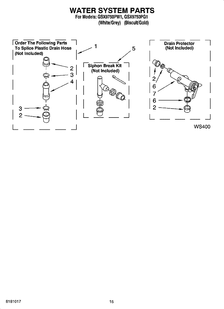 WATER SYSTEM PARTS, OPTIONAL PARTS (NOT INCLUDED) Diagram and Parts List for GSX9750PG1  Whirlpool Washer