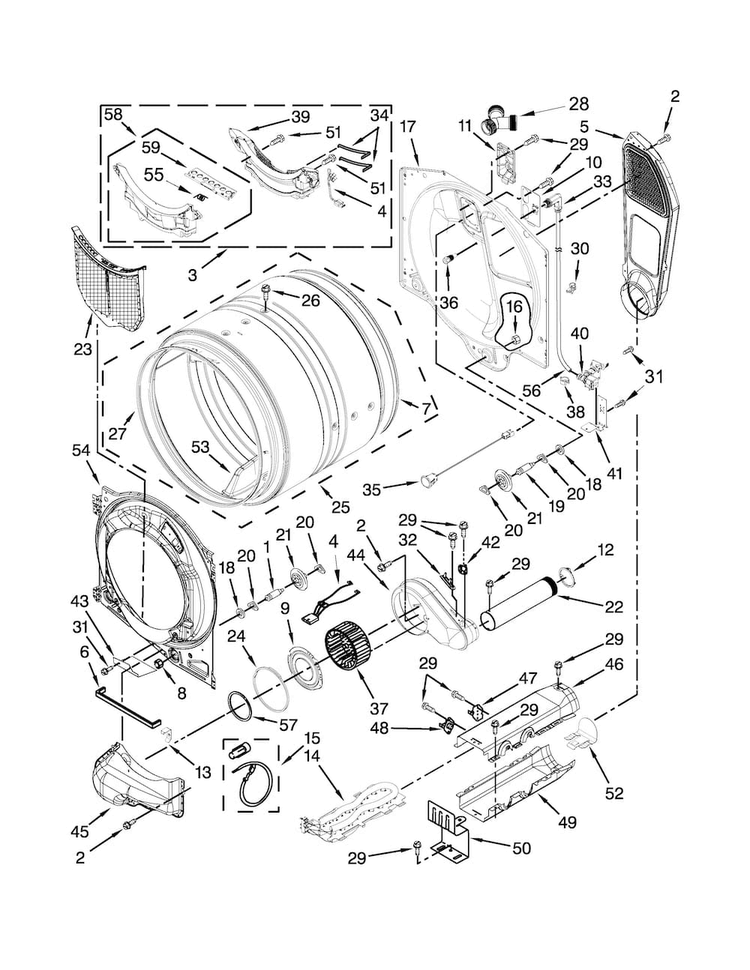 Bulkhead Parts Diagram and Parts List for WED95HEDW0  Whirlpool Dryer