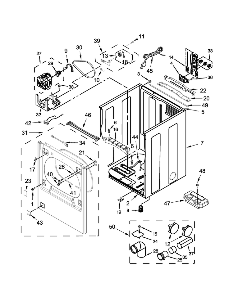 Cabinet Parts Diagram and Parts List for 7MWGD8000EW0  Whirlpool Dryer