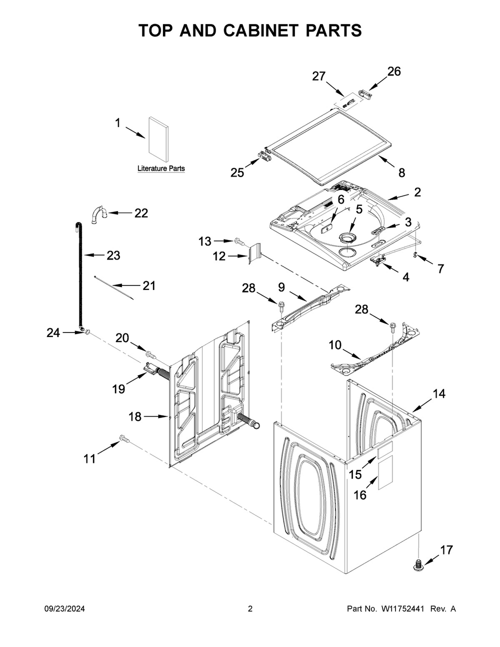 02 - Top And Cabinet Parts Diagram and Parts List for CAW45125LW1  Whirlpool Washer