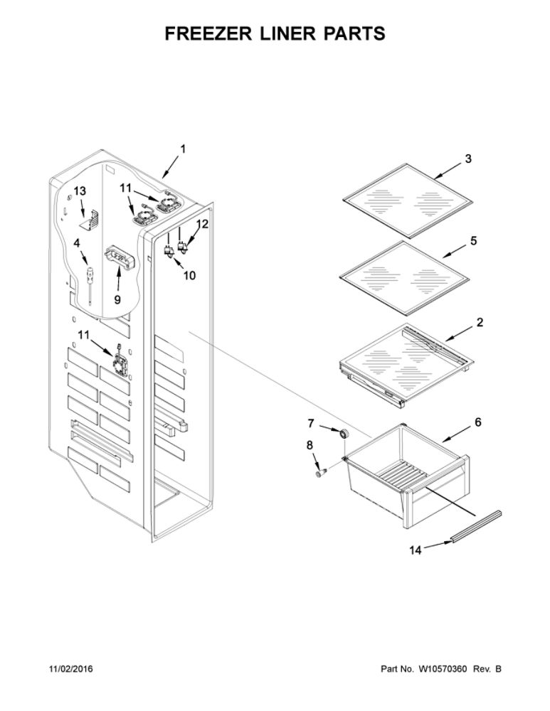 Freezer Liner Parts Diagram and Parts List for 10641163310  Kenmore Refrigerator