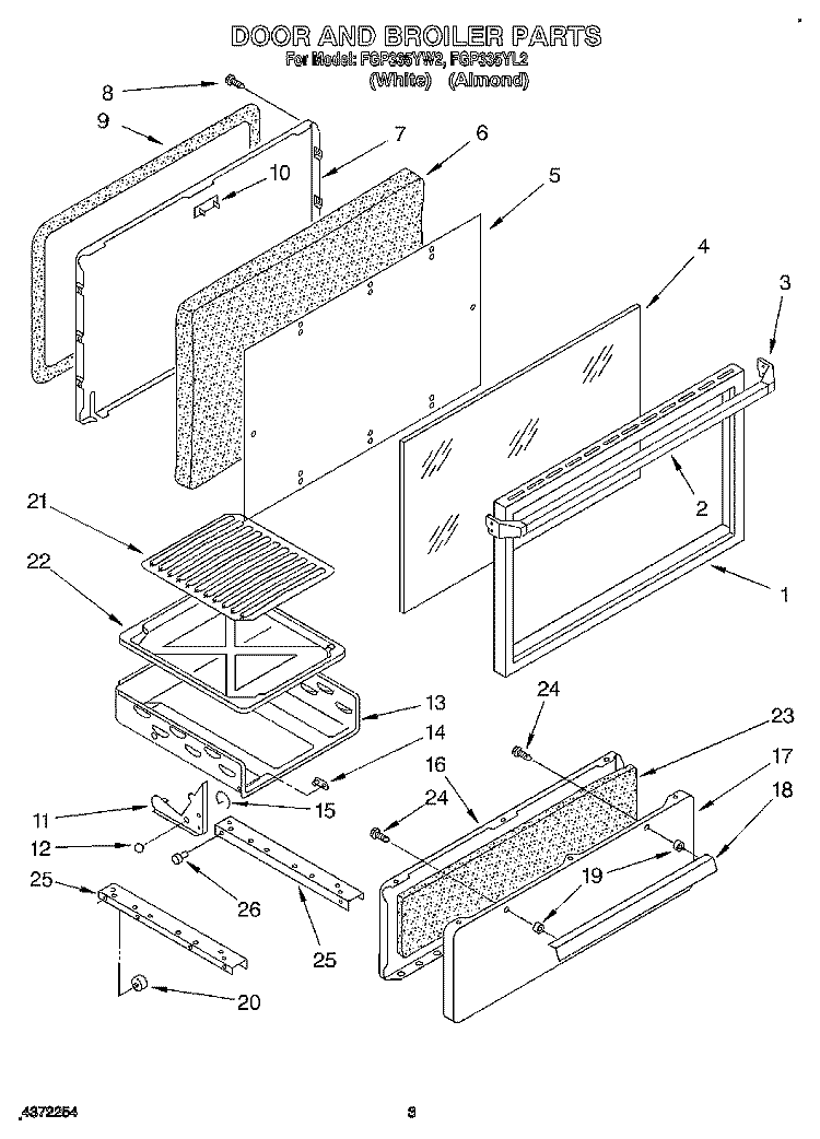 DOOR AND BROILER Diagram and Parts List for FGP335YW2  Roper Range
