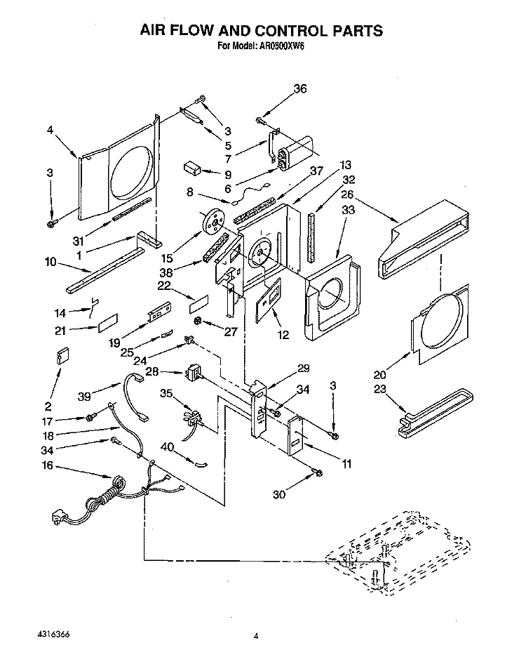 AIR FLOW AND CONTROL Diagram and Parts List for AR0500XW6  Whirlpool Air Conditioner