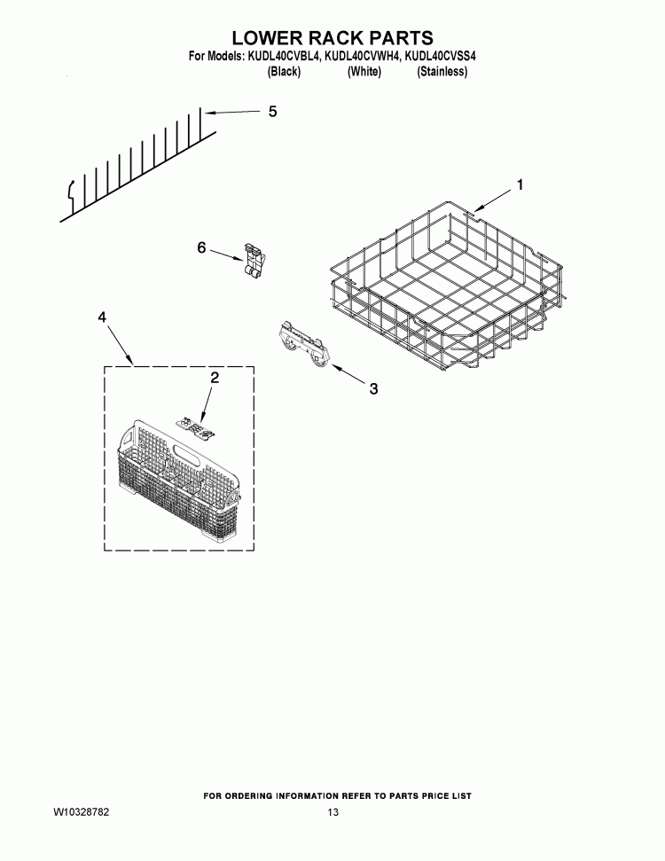 LOWER RACK PARTS Diagram and Parts List for KUDL40CVBL4  KitchenAid Dishwasher
